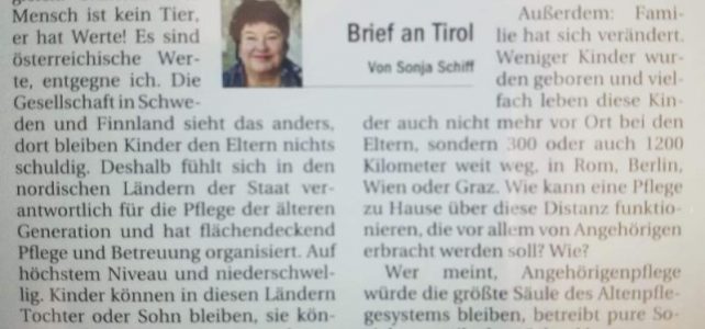 Brief an Tirol: Angehörigenpflege.