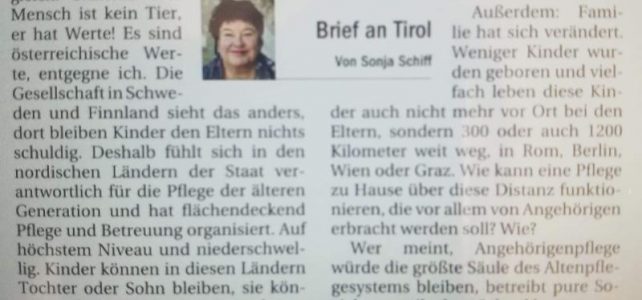 Brief an Tirol: Angehörigenpflege. Brief an Tirol: Angehörigenpflege.